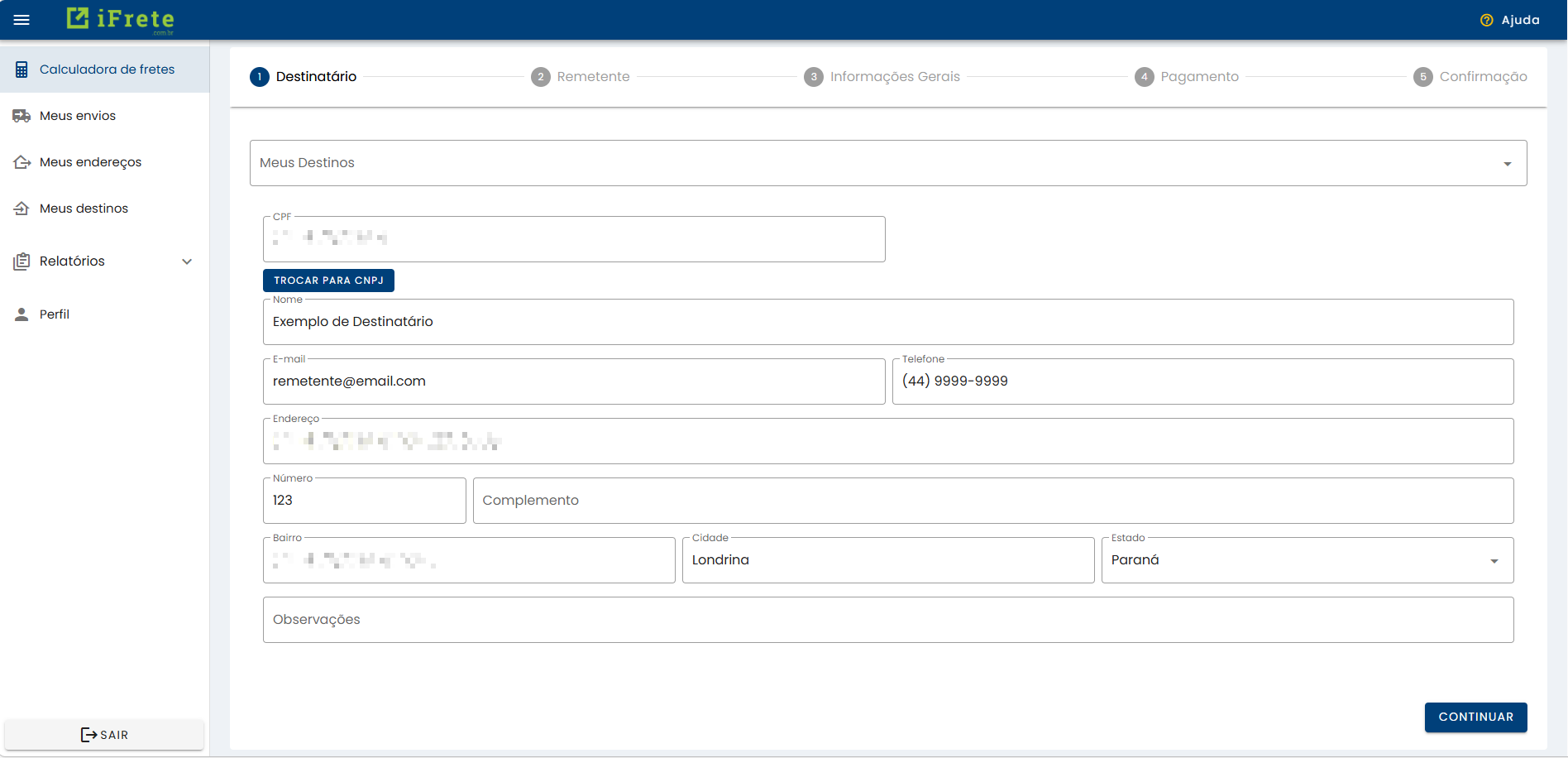 Formulário de dados do destinatário