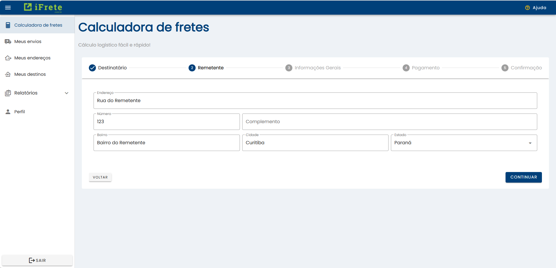 Formulário de dados do remetente