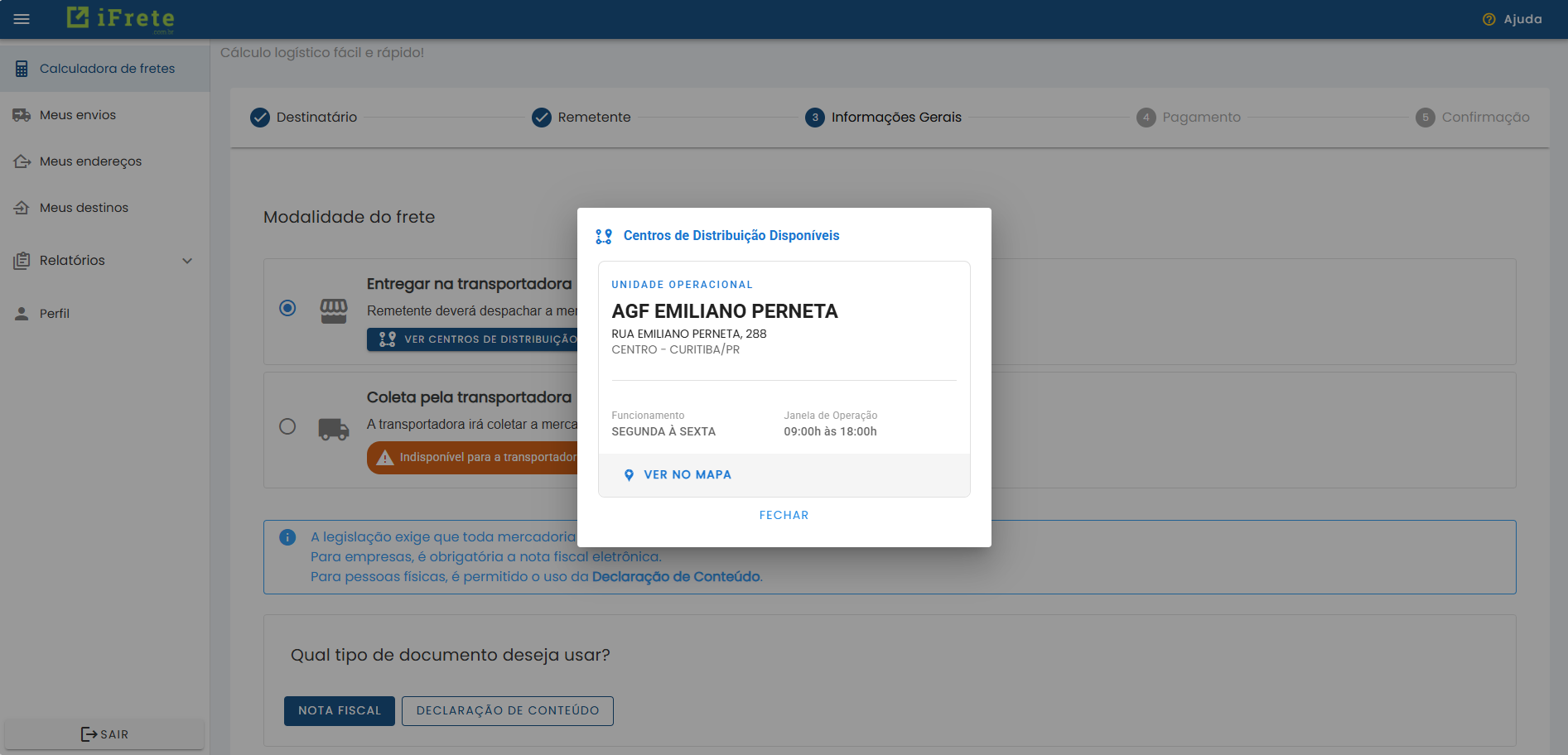 Opção de visualizar postos para despacho da carga