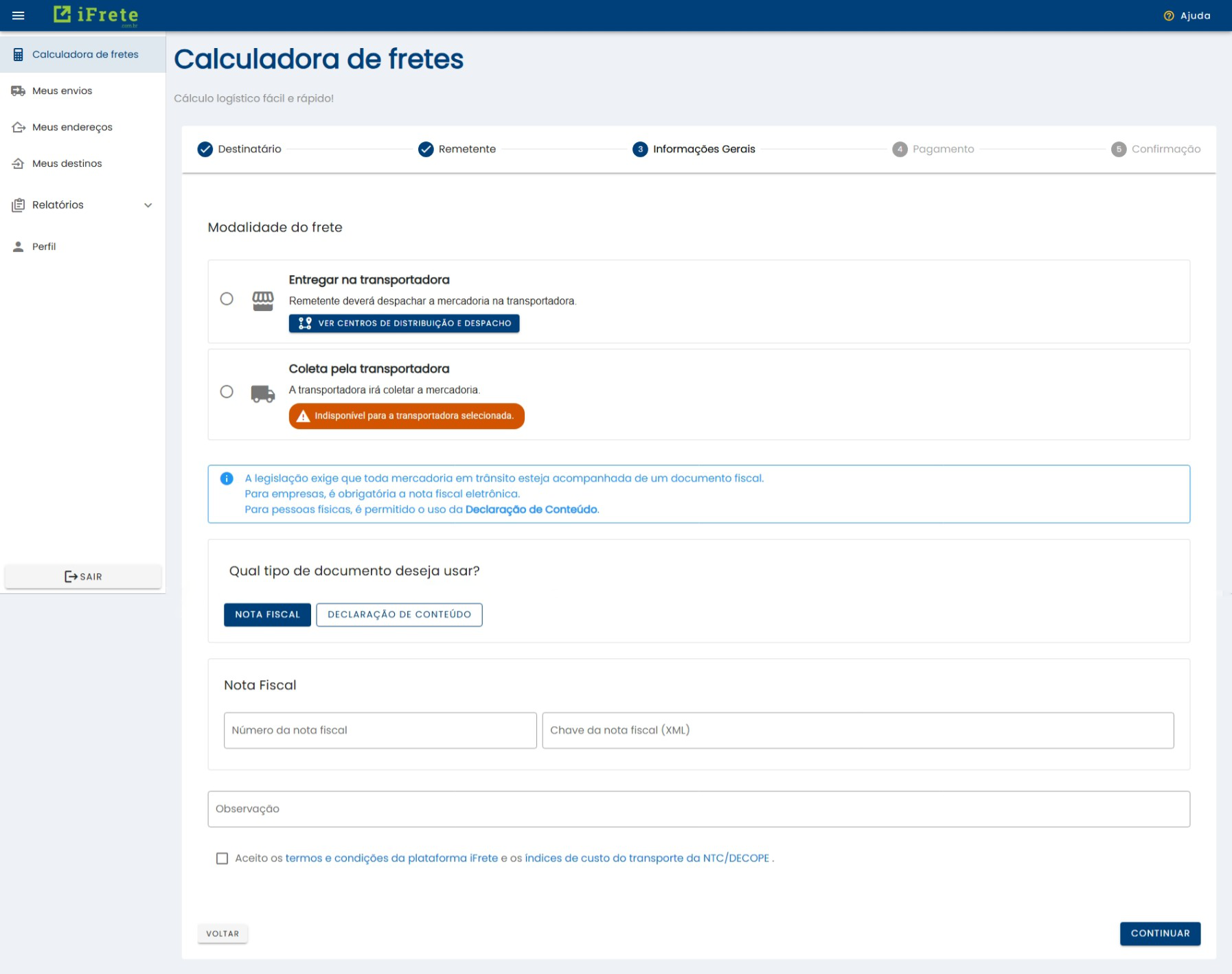 Tela com os dados gerais e opções de despacho versus coleta
