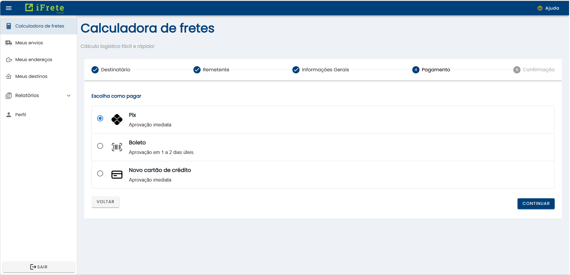 Seleção das opções de pagamento na tela final