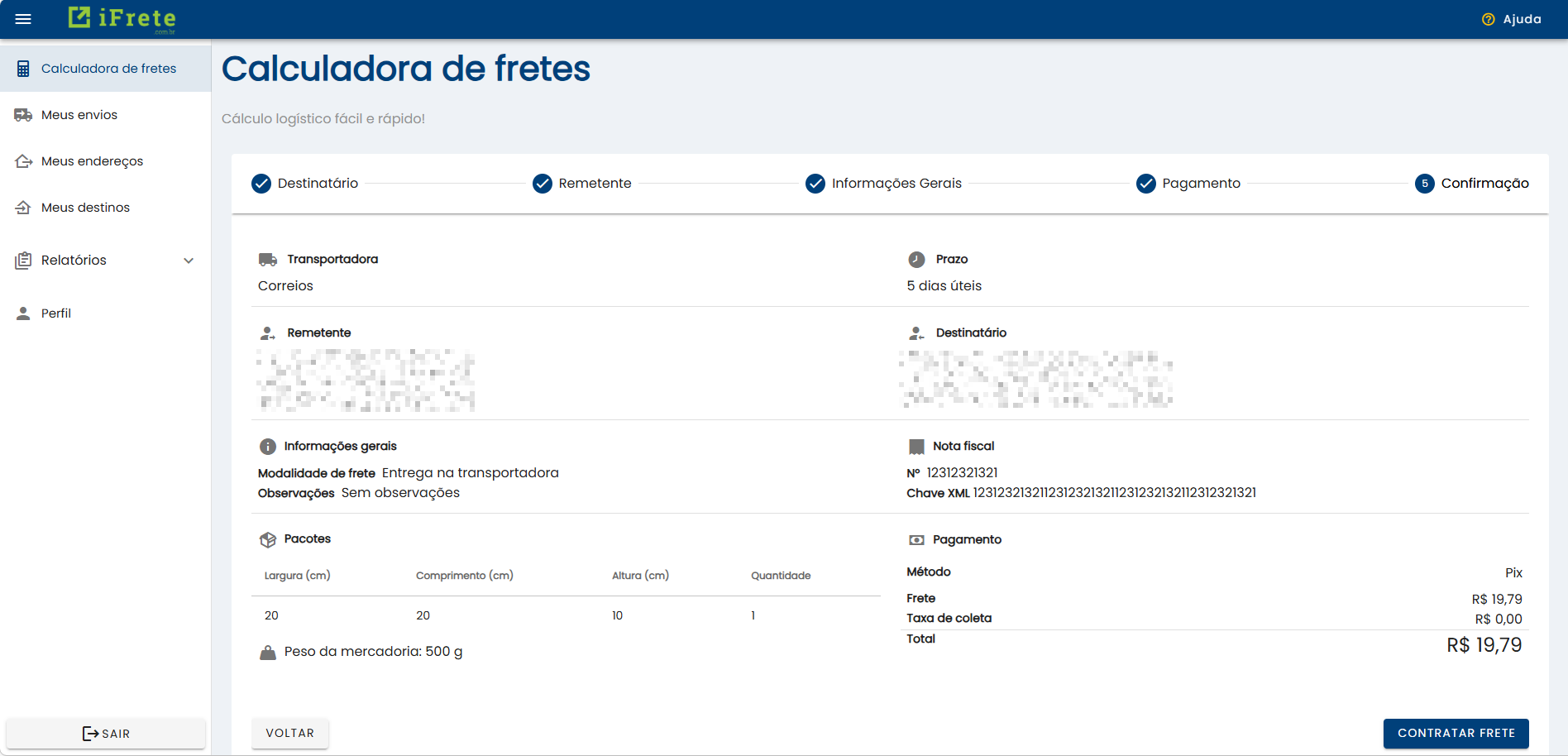 Tela de resumo com validação das informações do frete contratado
