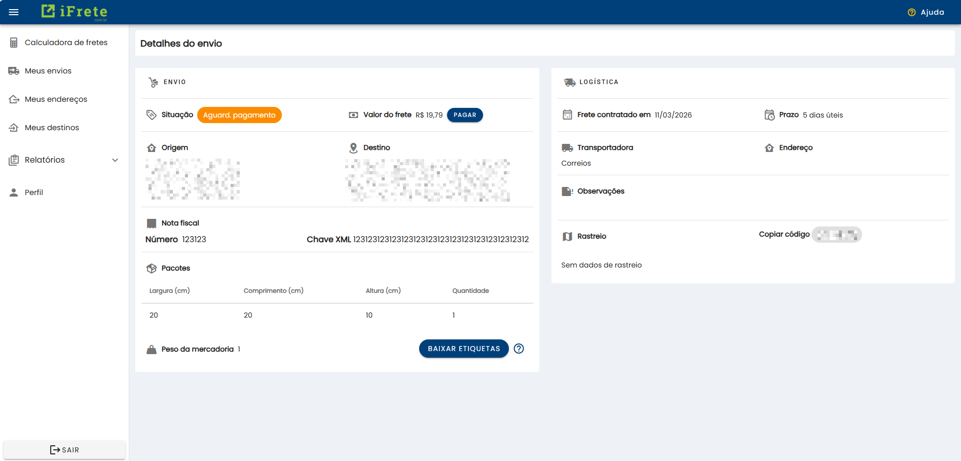 Painel Meus Envios gerando o arquivo PDF com as etiquetas